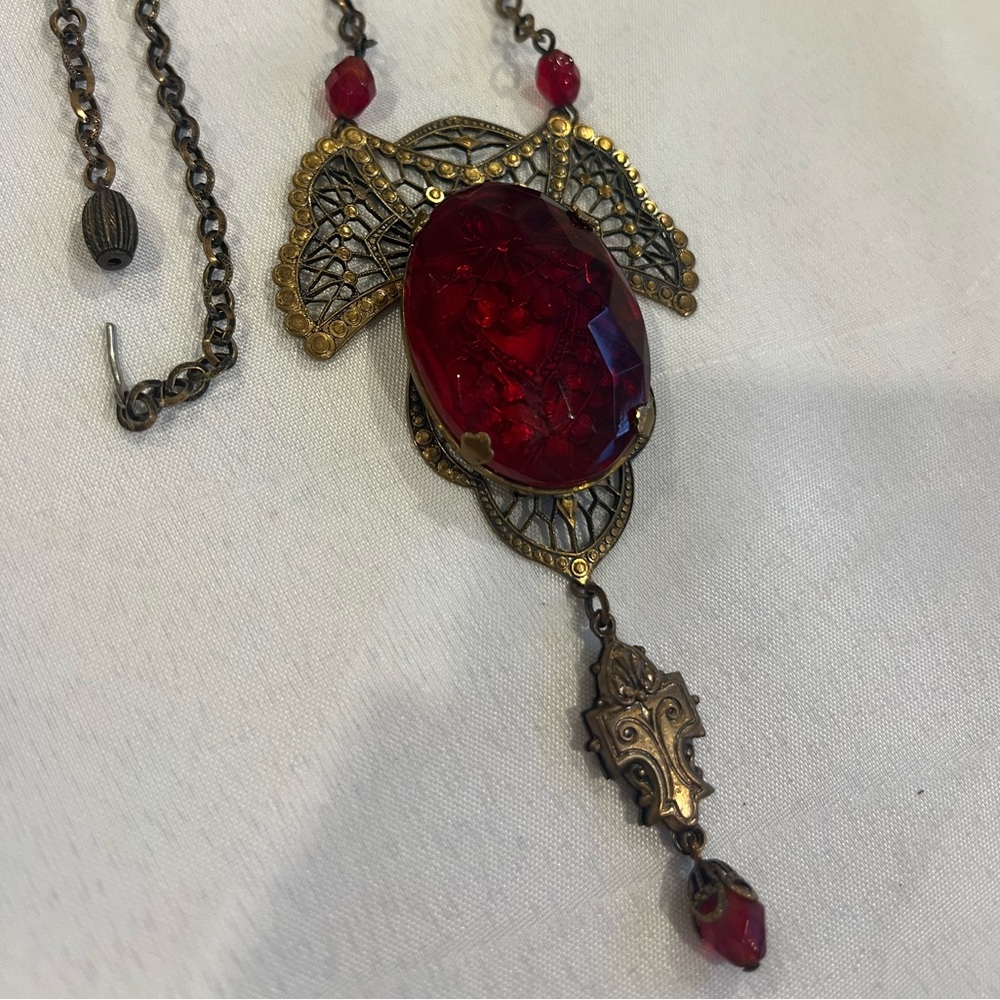 Vintage Red Crystal Pendant Necklace with Brass Detailing